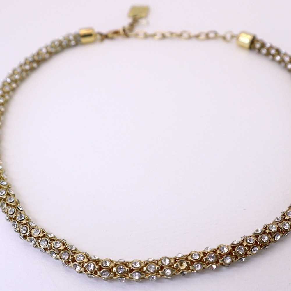 Anne Klein Pave Crystal Mesh Collar Necklace Lion Logo Charm Gold Tone